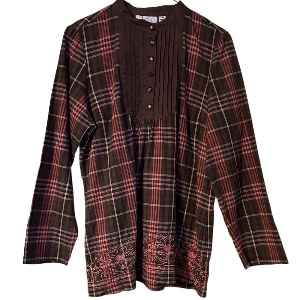 Denim & Co Plaid Tunic Oversized Pink & Brown Casual XS